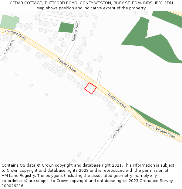 CEDAR COTTAGE, THETFORD ROAD, CONEY WESTON, BURY ST. EDMUNDS, IP31 1DN: Location map and indicative extent of plot
