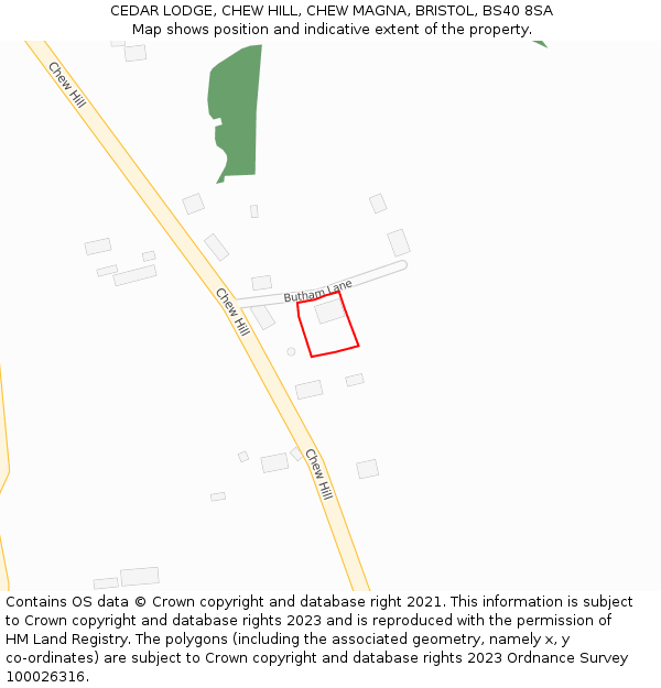 CEDAR LODGE, CHEW HILL, CHEW MAGNA, BRISTOL, BS40 8SA: Location map and indicative extent of plot