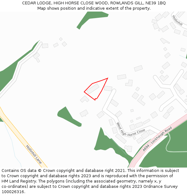 CEDAR LODGE, HIGH HORSE CLOSE WOOD, ROWLANDS GILL, NE39 1BQ: Location map and indicative extent of plot