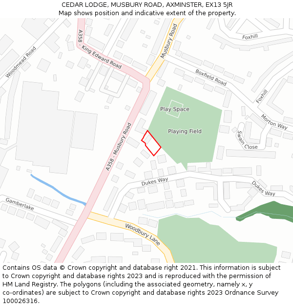 CEDAR LODGE, MUSBURY ROAD, AXMINSTER, EX13 5JR: Location map and indicative extent of plot