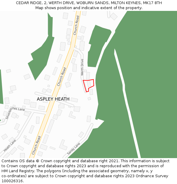 CEDAR RIDGE, 2, WERTH DRIVE, WOBURN SANDS, MILTON KEYNES, MK17 8TH: Location map and indicative extent of plot