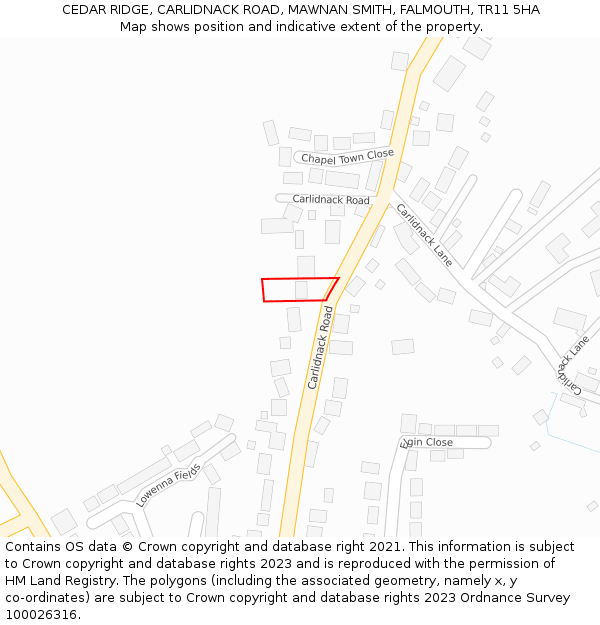 CEDAR RIDGE, CARLIDNACK ROAD, MAWNAN SMITH, FALMOUTH, TR11 5HA: Location map and indicative extent of plot