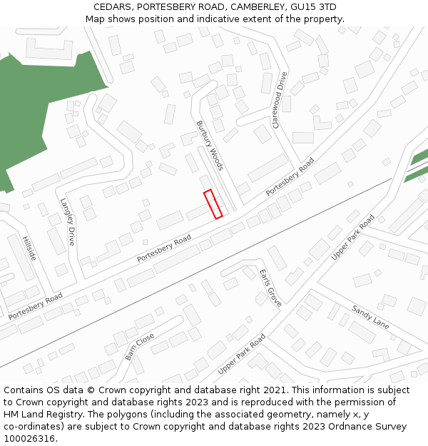 CEDARS, PORTESBERY ROAD, CAMBERLEY, GU15 3TD: Location map and indicative extent of plot