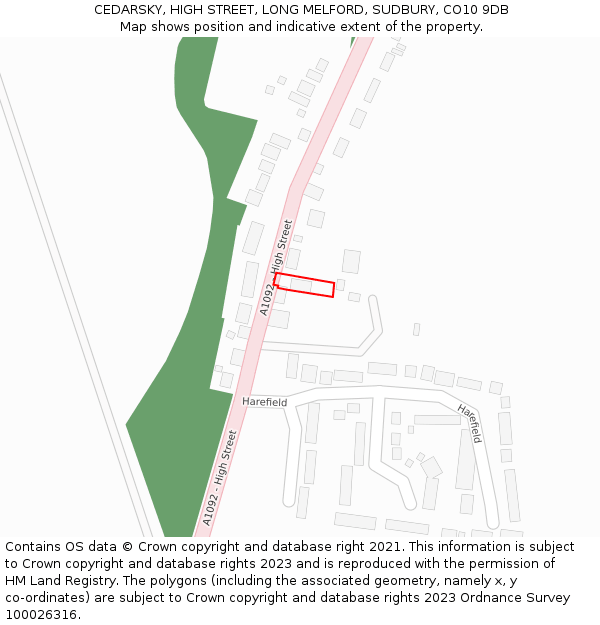 CEDARSKY, HIGH STREET, LONG MELFORD, SUDBURY, CO10 9DB: Location map and indicative extent of plot