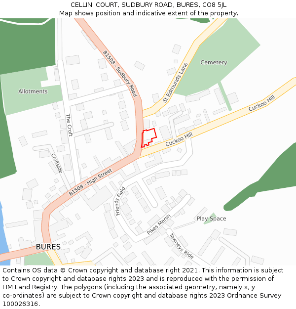 CELLINI COURT, SUDBURY ROAD, BURES, CO8 5JL: Location map and indicative extent of plot