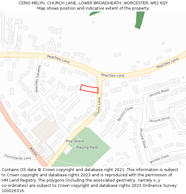 CERIG MELYN, CHURCH LANE, LOWER BROADHEATH, WORCESTER, WR2 6QY: Location map and indicative extent of plot