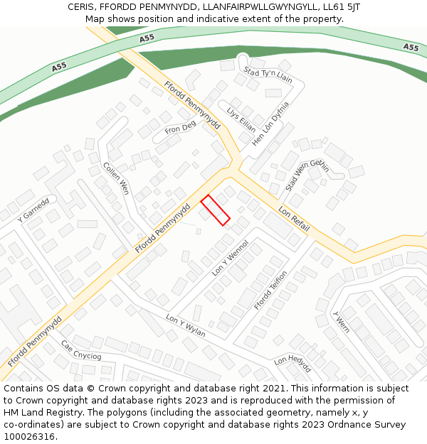 CERIS, FFORDD PENMYNYDD, LLANFAIRPWLLGWYNGYLL, LL61 5JT: Location map and indicative extent of plot