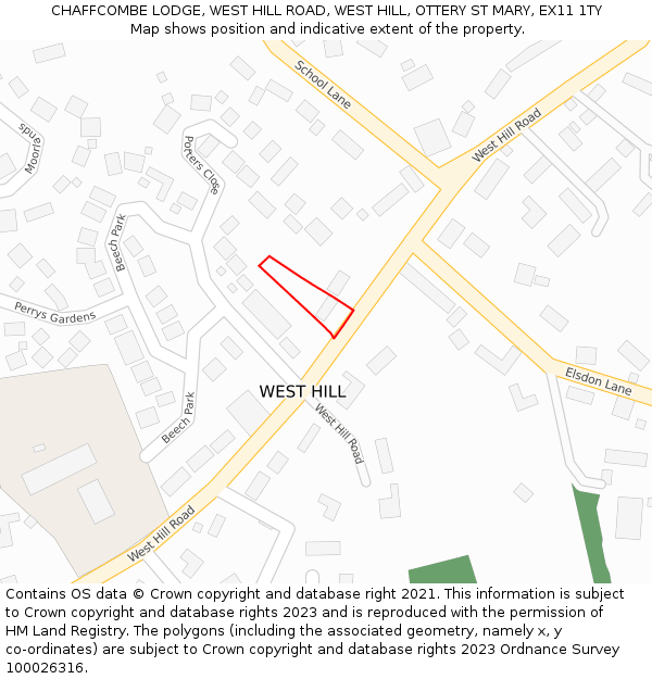 CHAFFCOMBE LODGE, WEST HILL ROAD, WEST HILL, OTTERY ST MARY, EX11 1TY: Location map and indicative extent of plot