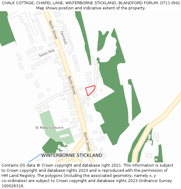 CHALK COTTAGE, CHAPEL LANE, WINTERBORNE STICKLAND, BLANDFORD FORUM, DT11 0NG: Location map and indicative extent of plot