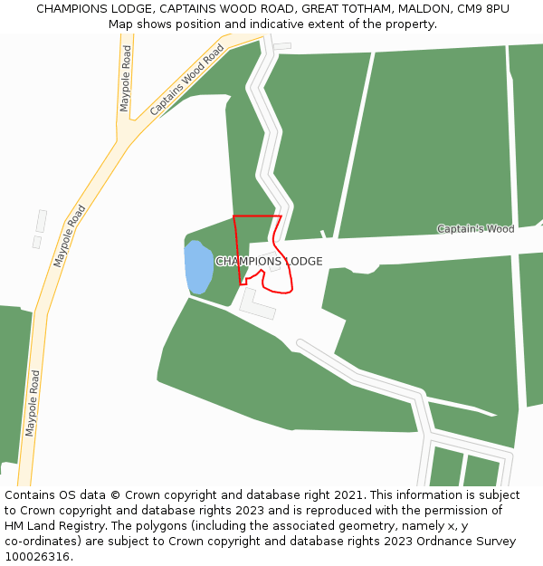 CHAMPIONS LODGE, CAPTAINS WOOD ROAD, GREAT TOTHAM, MALDON, CM9 8PU: Location map and indicative extent of plot