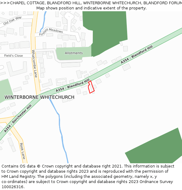 CHAPEL COTTAGE, BLANDFORD HILL, WINTERBORNE WHITECHURCH, BLANDFORD FORUM, DT11 0AB: Location map and indicative extent of plot