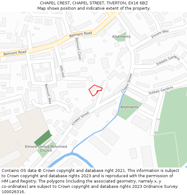 CHAPEL CREST, CHAPEL STREET, TIVERTON, EX16 6BZ: Location map and indicative extent of plot