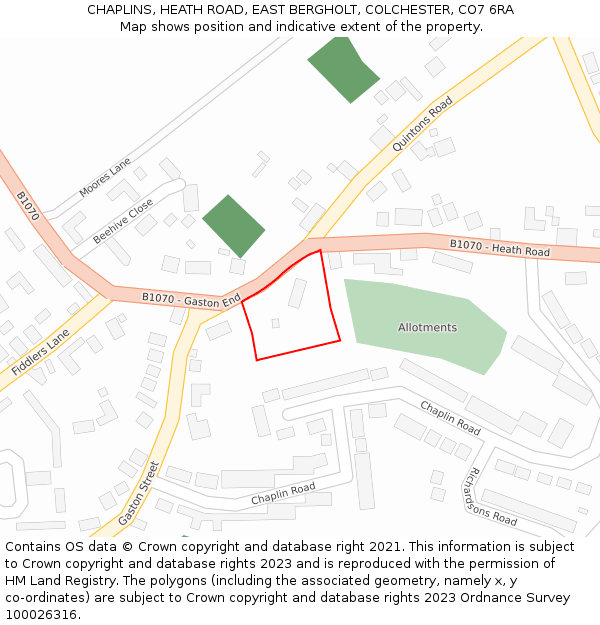 CHAPLINS, HEATH ROAD, EAST BERGHOLT, COLCHESTER, CO7 6RA: Location map and indicative extent of plot