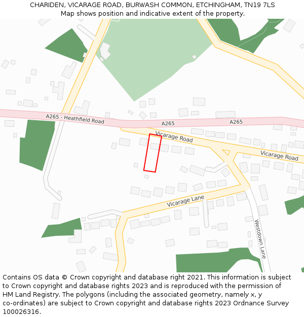 CHARIDEN, VICARAGE ROAD, BURWASH COMMON, ETCHINGHAM, TN19 7LS: Location map and indicative extent of plot