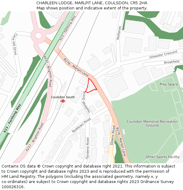 CHARLEEN LODGE, MARLPIT LANE, COULSDON, CR5 2HA: Location map and indicative extent of plot