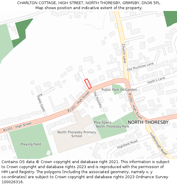 CHARLTON COTTAGE, HIGH STREET, NORTH THORESBY, GRIMSBY, DN36 5PL: Location map and indicative extent of plot
