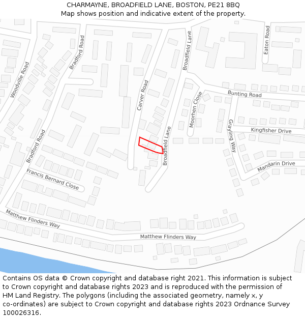 CHARMAYNE, BROADFIELD LANE, BOSTON, PE21 8BQ: Location map and indicative extent of plot