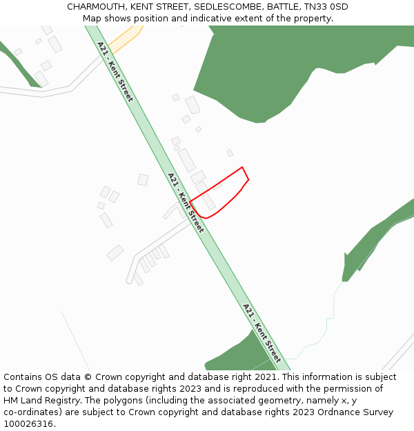 CHARMOUTH, KENT STREET, SEDLESCOMBE, BATTLE, TN33 0SD: Location map and indicative extent of plot