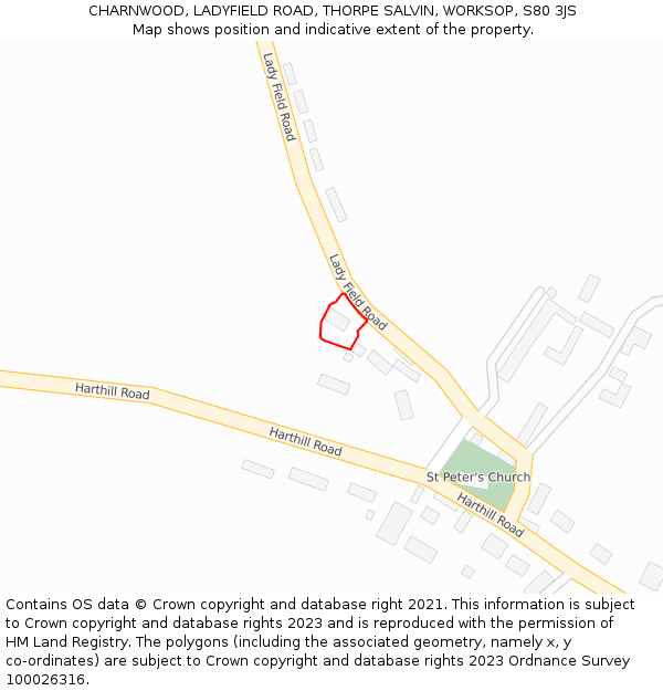 CHARNWOOD, LADYFIELD ROAD, THORPE SALVIN, WORKSOP, S80 3JS: Location map and indicative extent of plot