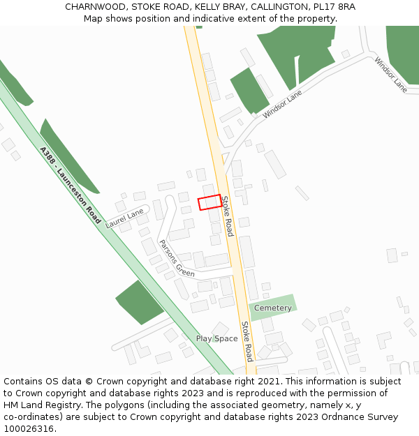 CHARNWOOD, STOKE ROAD, KELLY BRAY, CALLINGTON, PL17 8RA: Location map and indicative extent of plot