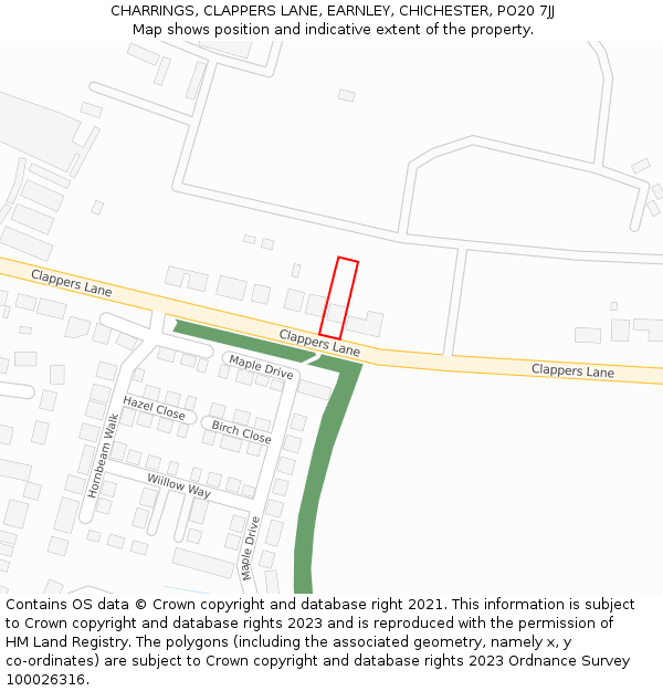 CHARRINGS, CLAPPERS LANE, EARNLEY, CHICHESTER, PO20 7JJ: Location map and indicative extent of plot