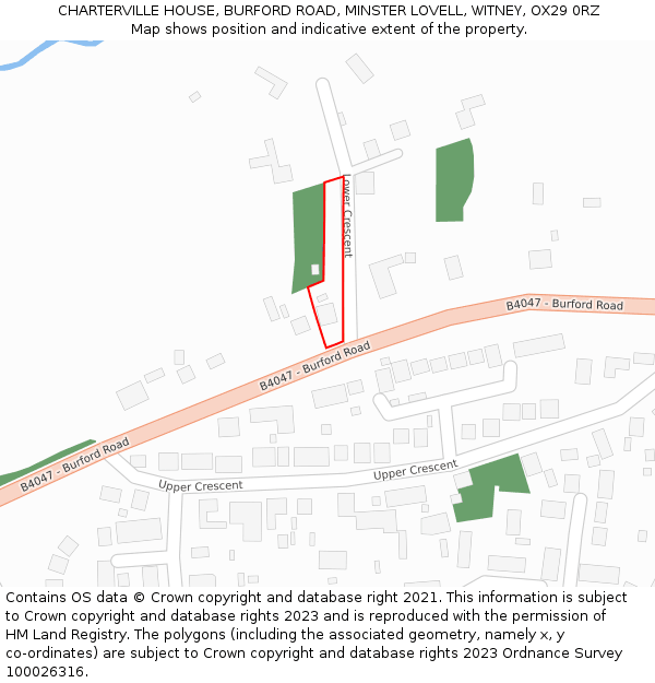 CHARTERVILLE HOUSE, BURFORD ROAD, MINSTER LOVELL, WITNEY, OX29 0RZ: Location map and indicative extent of plot