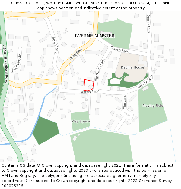 CHASE COTTAGE, WATERY LANE, IWERNE MINSTER, BLANDFORD FORUM, DT11 8NB: Location map and indicative extent of plot