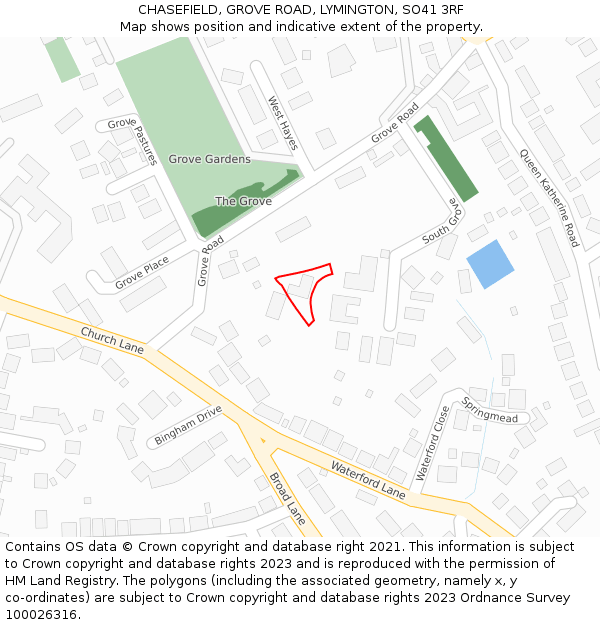 CHASEFIELD, GROVE ROAD, LYMINGTON, SO41 3RF: Location map and indicative extent of plot