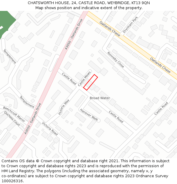 CHATSWORTH HOUSE, 24, CASTLE ROAD, WEYBRIDGE, KT13 9QN: Location map and indicative extent of plot