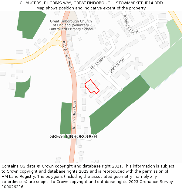 CHAUCERS, PILGRIMS WAY, GREAT FINBOROUGH, STOWMARKET, IP14 3DD: Location map and indicative extent of plot