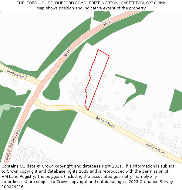 CHELFORD HOUSE, BURFORD ROAD, BRIZE NORTON, CARTERTON, OX18 3NN: Location map and indicative extent of plot
