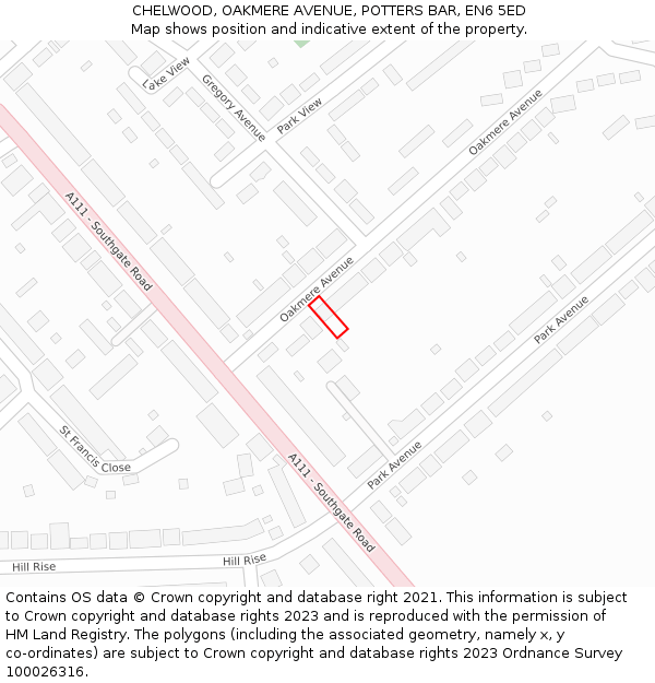 CHELWOOD, OAKMERE AVENUE, POTTERS BAR, EN6 5ED: Location map and indicative extent of plot