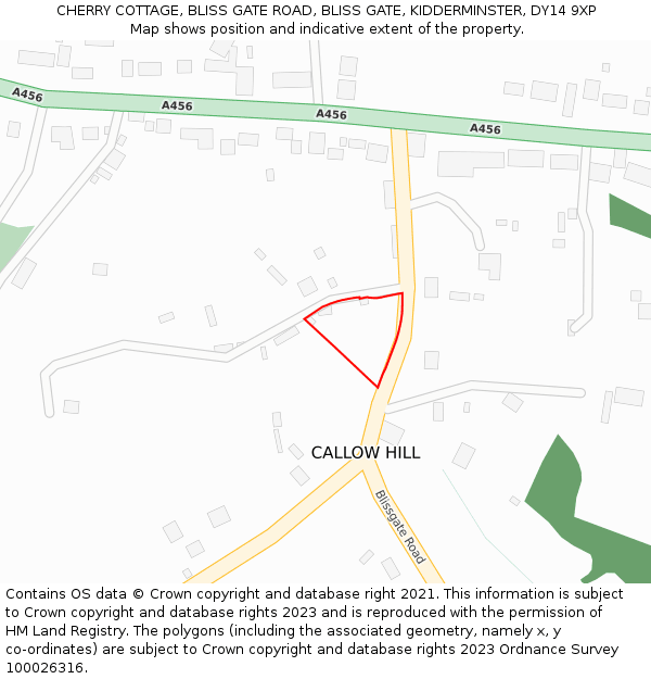 CHERRY COTTAGE, BLISS GATE ROAD, BLISS GATE, KIDDERMINSTER, DY14 9XP: Location map and indicative extent of plot