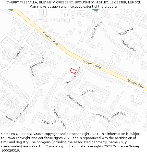 CHERRY TREE VILLA, BLENHEIM CRESCENT, BROUGHTON ASTLEY, LEICESTER, LE9 6QL: Location map and indicative extent of plot