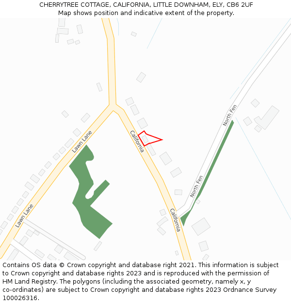 CHERRYTREE COTTAGE, CALIFORNIA, LITTLE DOWNHAM, ELY, CB6 2UF: Location map and indicative extent of plot