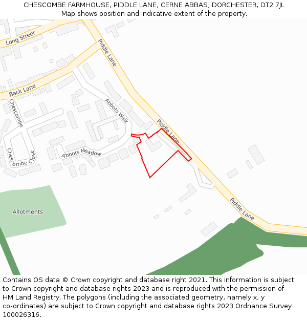 CHESCOMBE FARMHOUSE, PIDDLE LANE, CERNE ABBAS, DORCHESTER, DT2 7JL: Location map and indicative extent of plot