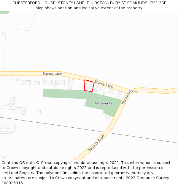 CHESTERFORD HOUSE, STONEY LANE, THURSTON, BURY ST EDMUNDS, IP31 3SE: Location map and indicative extent of plot