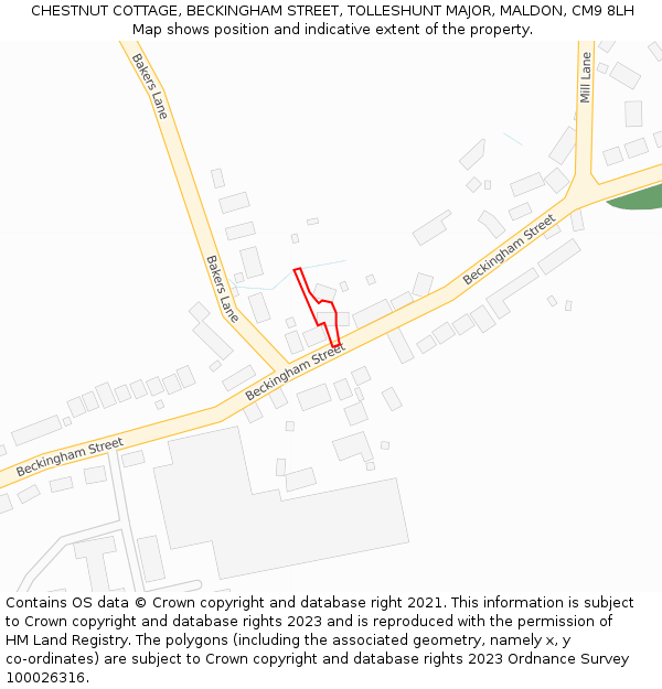 CHESTNUT COTTAGE, BECKINGHAM STREET, TOLLESHUNT MAJOR, MALDON, CM9 8LH: Location map and indicative extent of plot