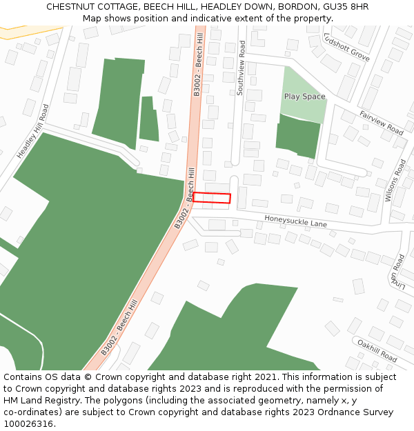 CHESTNUT COTTAGE, BEECH HILL, HEADLEY DOWN, BORDON, GU35 8HR: Location map and indicative extent of plot