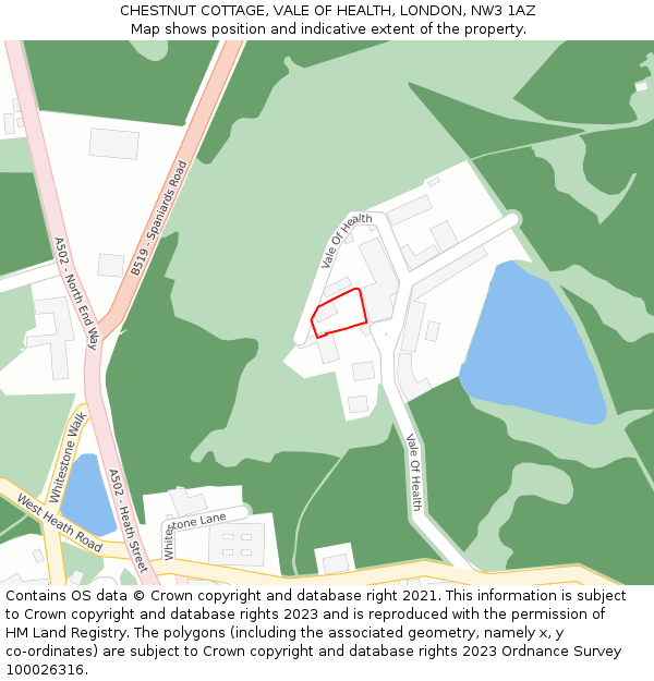 CHESTNUT COTTAGE, VALE OF HEALTH, LONDON, NW3 1AZ: Location map and indicative extent of plot