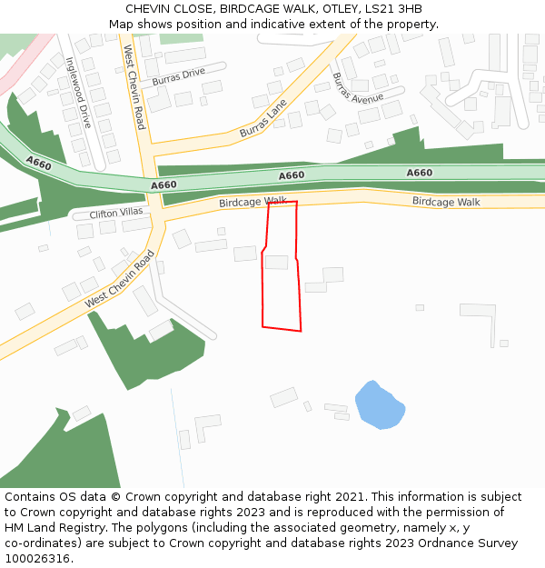 CHEVIN CLOSE, BIRDCAGE WALK, OTLEY, LS21 3HB: Location map and indicative extent of plot