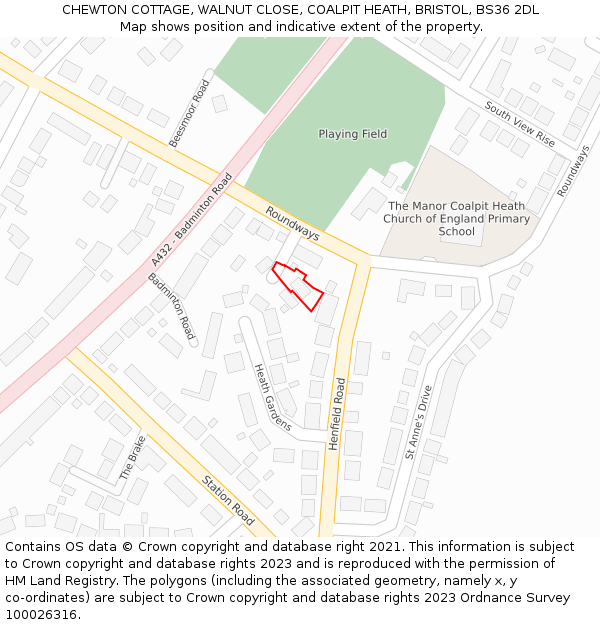 CHEWTON COTTAGE, WALNUT CLOSE, COALPIT HEATH, BRISTOL, BS36 2DL: Location map and indicative extent of plot