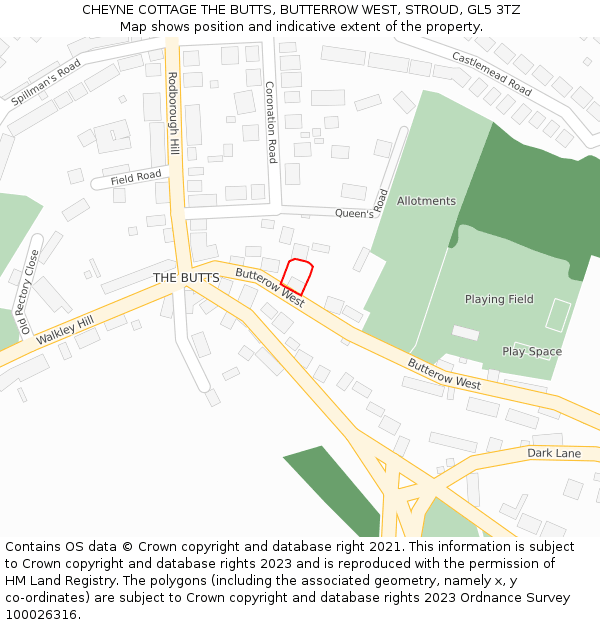 CHEYNE COTTAGE THE BUTTS, BUTTERROW WEST, STROUD, GL5 3TZ: Location map and indicative extent of plot