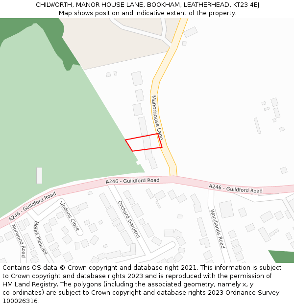 CHILWORTH, MANOR HOUSE LANE, BOOKHAM, LEATHERHEAD, KT23 4EJ: Location map and indicative extent of plot