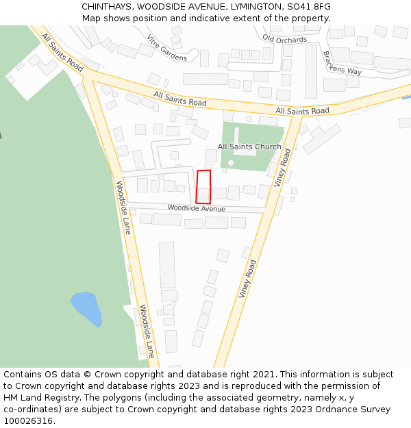 CHINTHAYS, WOODSIDE AVENUE, LYMINGTON, SO41 8FG: Location map and indicative extent of plot