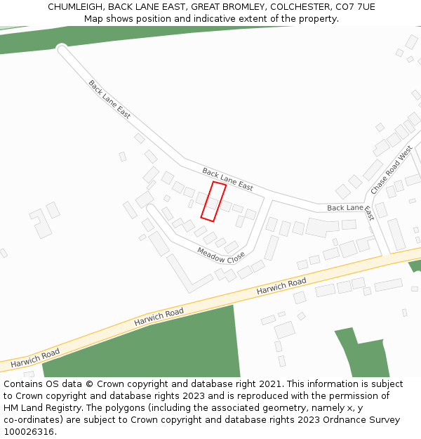 CHUMLEIGH, BACK LANE EAST, GREAT BROMLEY, COLCHESTER, CO7 7UE: Location map and indicative extent of plot