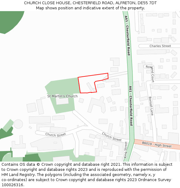 CHURCH CLOSE HOUSE, CHESTERFIELD ROAD, ALFRETON, DE55 7DT: Location map and indicative extent of plot