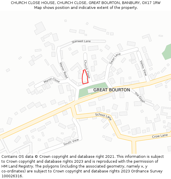 CHURCH CLOSE HOUSE, CHURCH CLOSE, GREAT BOURTON, BANBURY, OX17 1RW: Location map and indicative extent of plot