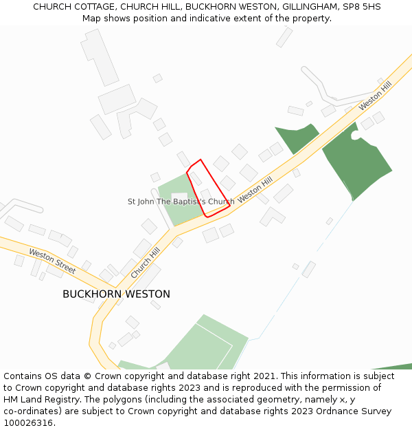 CHURCH COTTAGE, CHURCH HILL, BUCKHORN WESTON, GILLINGHAM, SP8 5HS: Location map and indicative extent of plot