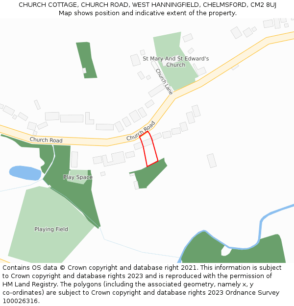 CHURCH COTTAGE, CHURCH ROAD, WEST HANNINGFIELD, CHELMSFORD, CM2 8UJ: Location map and indicative extent of plot